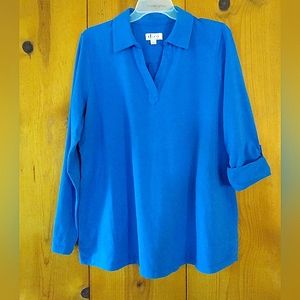 D&Co Collared VNeck Roll Tab Sleeve Top w/Pockets